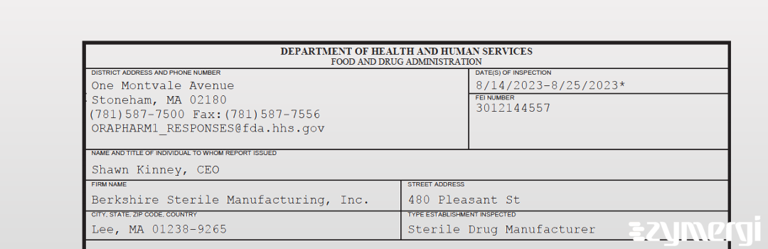 FDANews 483 Berkshire Sterile Manufacturing, LLC Aug 25 2023 top