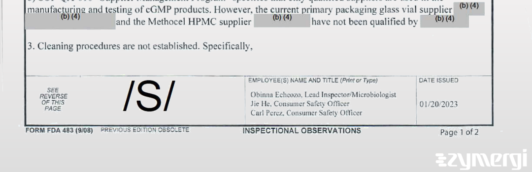 Obinna R. Echeozo FDA Investigator Carl A. Perez FDA Investigator Jie He FDA Investigator 