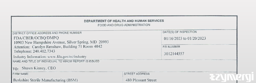 FDANews 483 Berkshire Sterile Manufacturing, Inc. Jan 20 2023 top