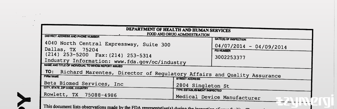 FDANews 483 Beta Biomed Services, Inc Apr 9 2014 top
