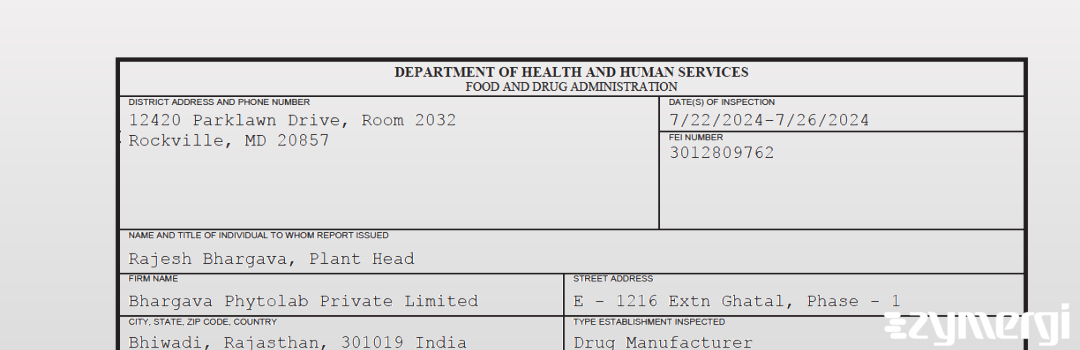 FDANews 483 Bhargava Phytolab Private Limited Jul 26 2024 top