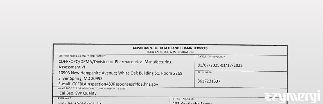 FDANews 483 Bio-Thera Solutions Jan 17 2025 top
