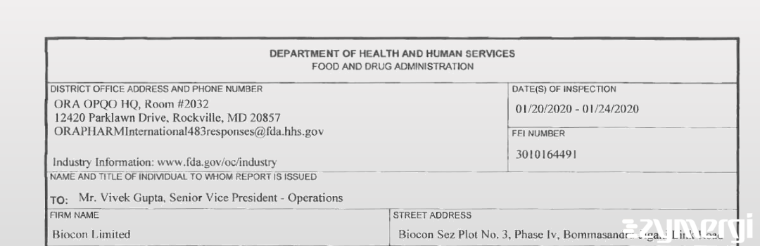 FDANews 483 Biocon Limited (API) Jan 24 2020 top
