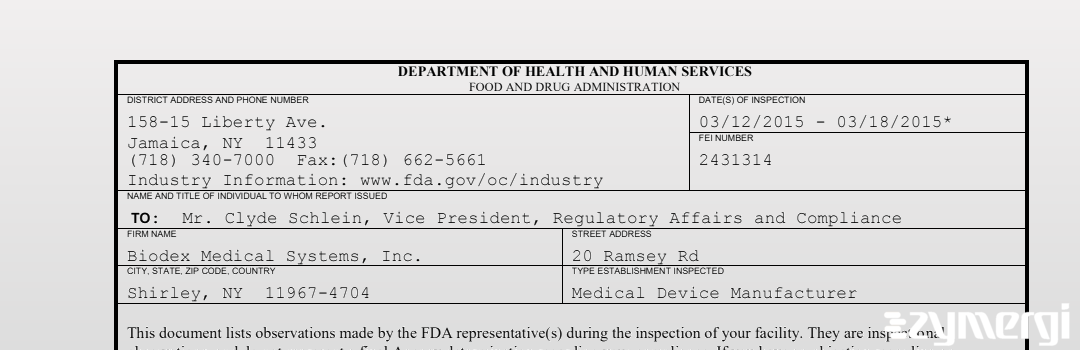 FDANews 483 Biodex Medical Systems, Inc. Mar 17 2015 top