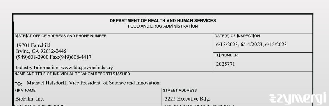 FDANews 483 Biofilm, Inc. Jun 15 2023 top