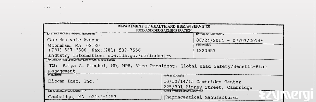 FDANews 483 Biogen Idec, Inc. Jul 3 2014 top