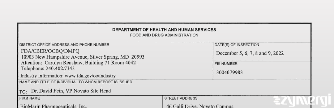 FDANews 483 BioMarin Pharmaceutical Inc. Dec 9 2022 top