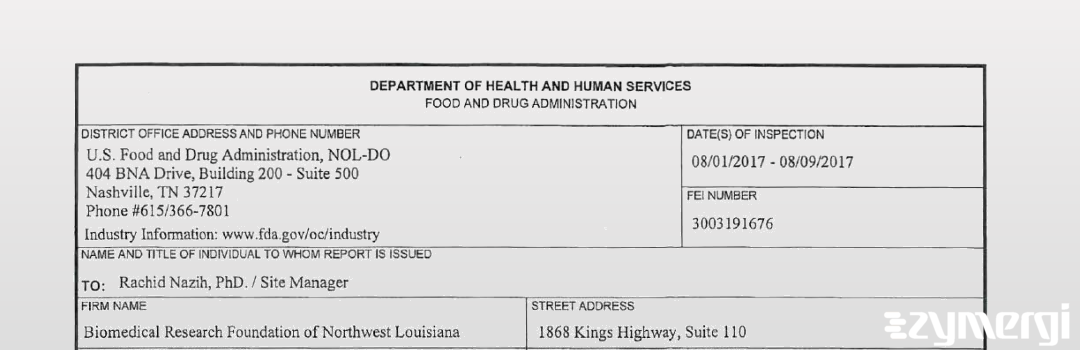 FDANews 483 Biomedical Research Foundation of Northwest Louisiana Aug 9 2017 top
