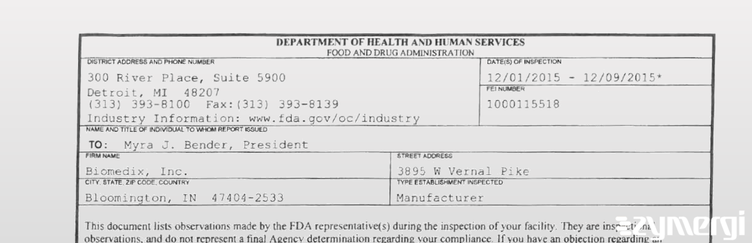 FDANews 483 BioMedix, Inc. Dec 9 2015 top