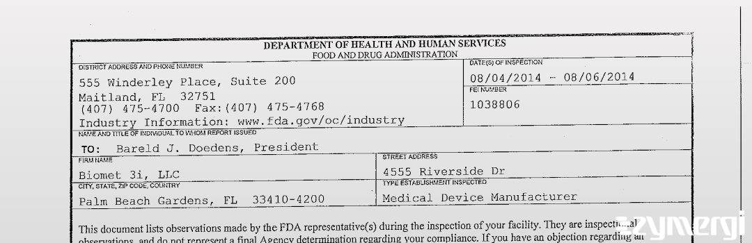 FDANews 483 Biomet 3i, LLC Aug 6 2014 top