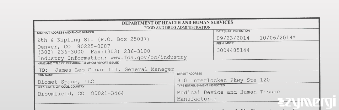 FDANews 483 Biomet Spine, LLC Oct 6 2014 top
