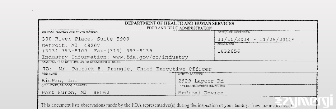 FDANews 483 BioPro, Inc. Nov 25 2014 top