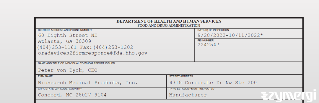 FDANews 483 Biosearch Medical Products, Inc. Oct 11 2022 top