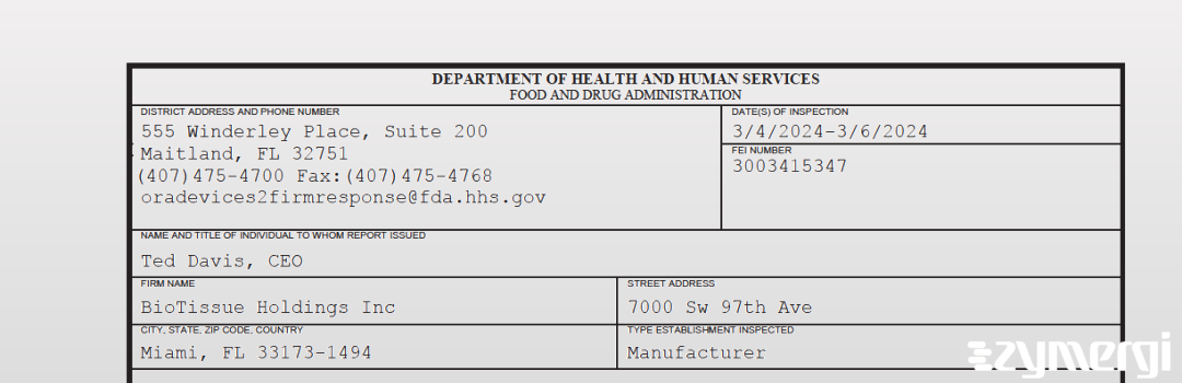 FDANews 483 BioTissue Holdings Inc Mar 6 2024 top