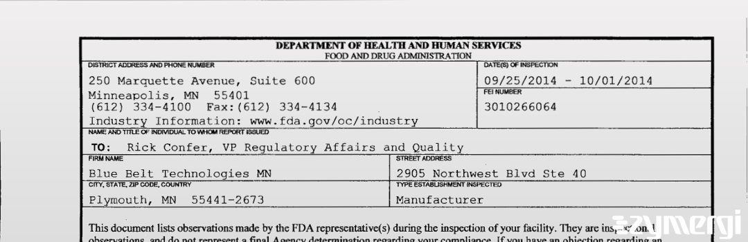 FDANews 483 Blue Belt Technologies MN Oct 1 2014 top