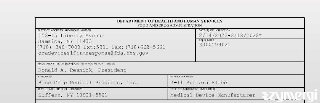 FDANews 483 Blue Chip Medical Products, Inc. Feb 18 2022 top