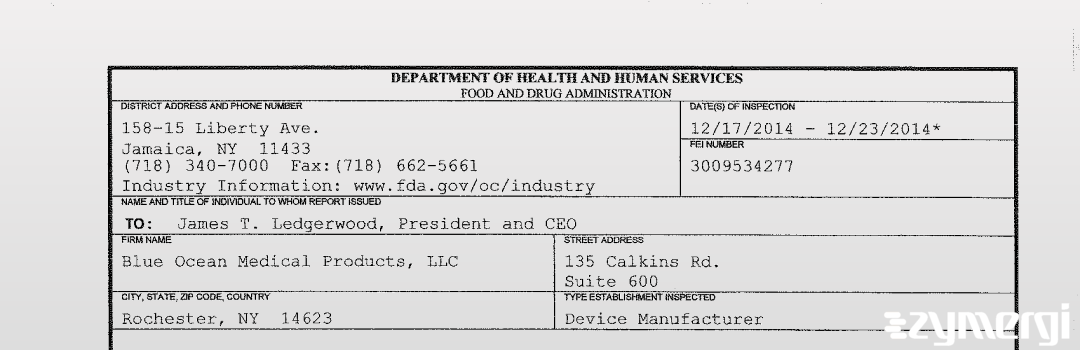 FDANews 483 Blue Ocean Medical Products, LLC Dec 23 2014 top
