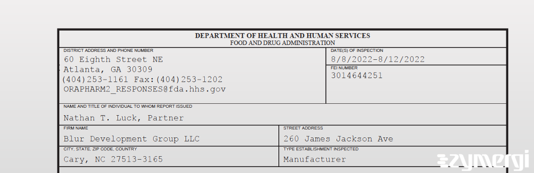FDANews 483 Blur Development Group LLC Aug 12 2022 top