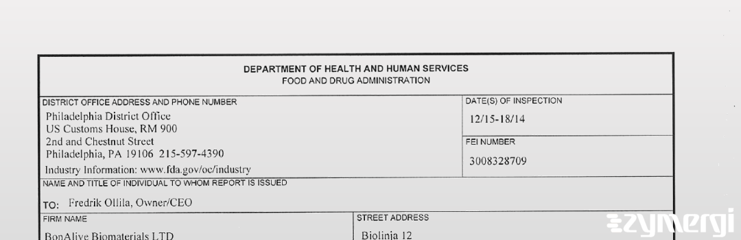 FDANews 483 Bonalive Biomaterials Ltd Dec 17 2014 top