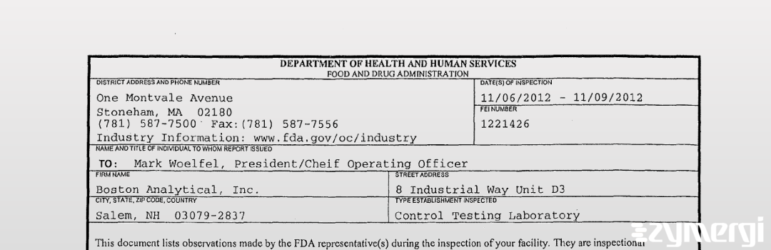 FDANews 483 Boston Analytical, Inc. Nov 9 2012 top
