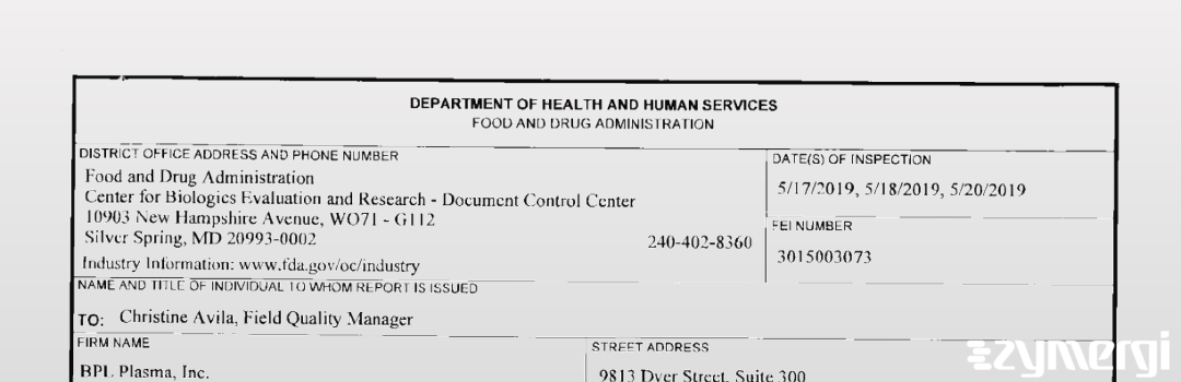 FDANews 483 BPL Plasma Inc May 20 2019 top