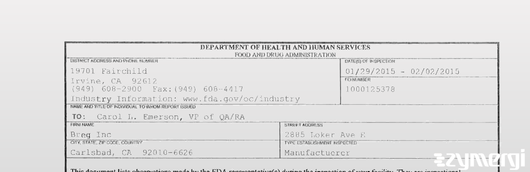 FDANews 483 Breg, Inc Feb 2 2015 top