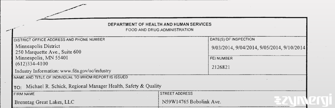 FDANews 483 Brenntag Great Lakes LLC Sep 10 2014 top