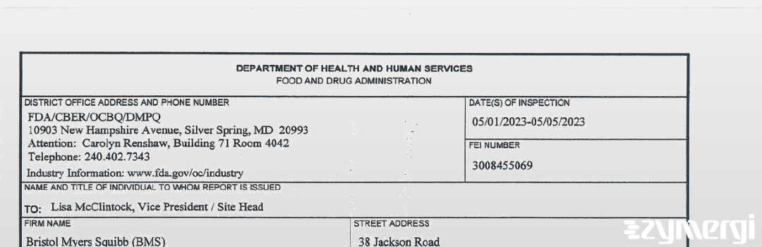 FDANews 483 Bristol Myers Squibb Company May 5 2023 top
