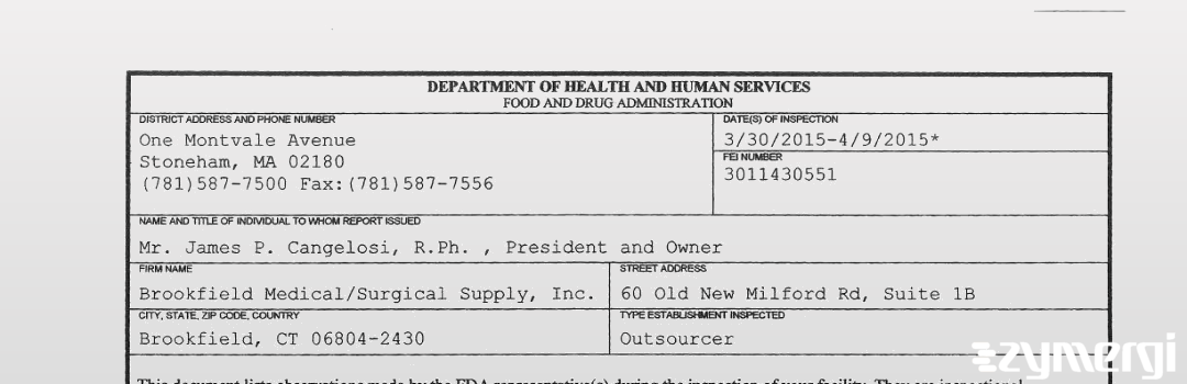FDANews 483 Brookfield Medical/Surgical Supply, Inc. Apr 9 2015 top