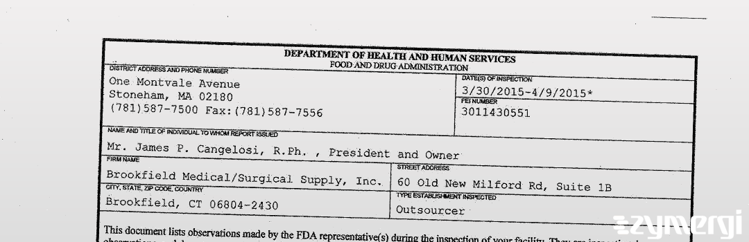 FDANews 483 Brookfield Medical/Surgical Supply, Iinc. Apr 9 2015 top