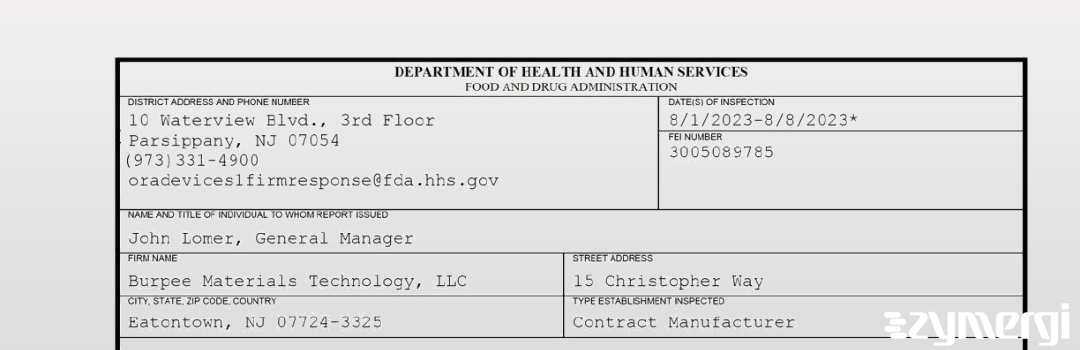 FDANews 483 Burpee Materials Technology, LLC Aug 8 2023 top