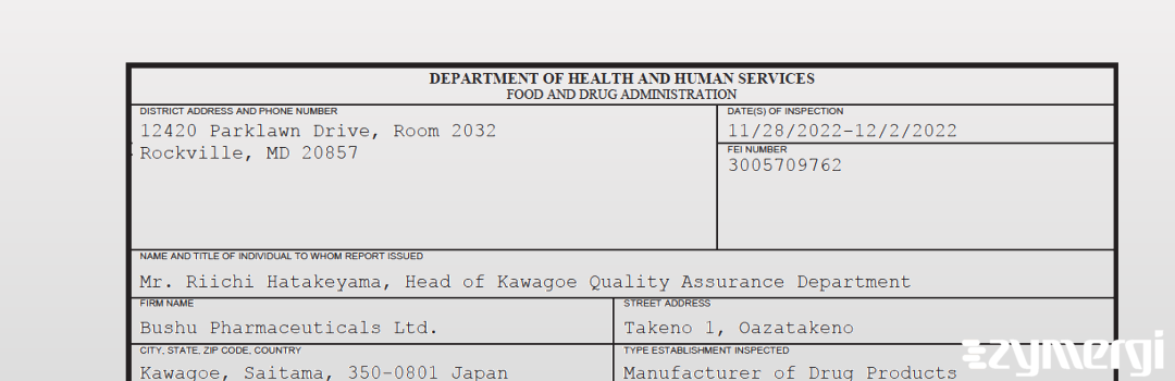 FDANews 483 Bushu Pharmaceuticals Ltd Dec 2 2022 top