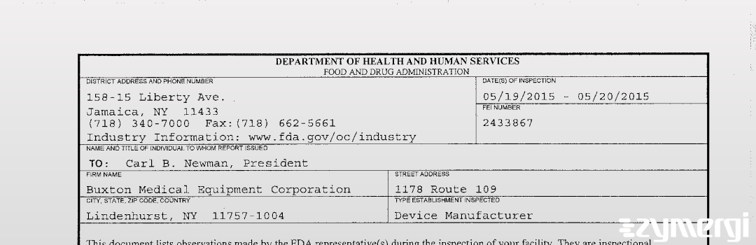 FDANews 483 Buxton Medical Equipment Corporation May 20 2015 top