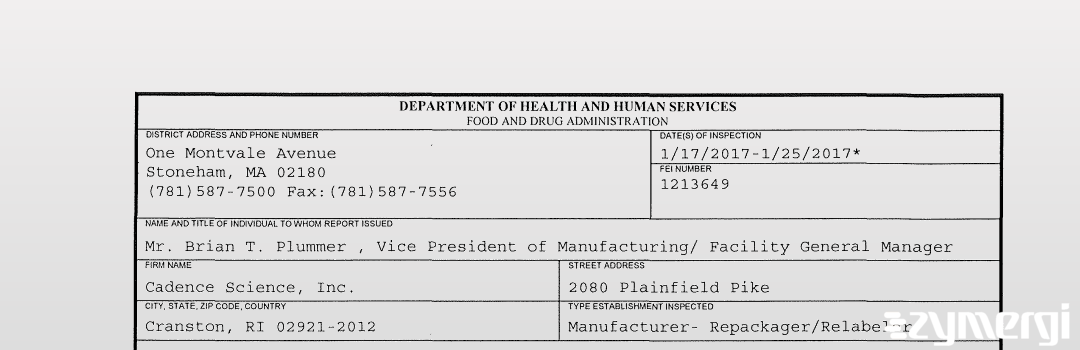 FDANews 483 Cadence Science, Inc. Jan 25 2017 top