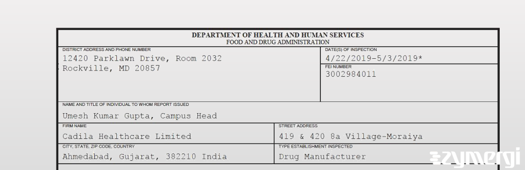 FDANews 483 Cadila Healthcare Limited May 3 2019 top