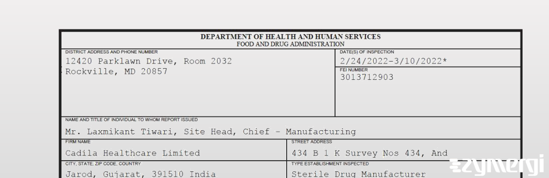 FDANews 483 Cadila Healthcare Limited Mar 10 2022 top