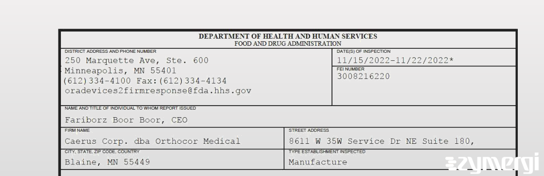 FDANews 483 Caerus Corp. dba Orthocor Medical Nov 22 2022 top