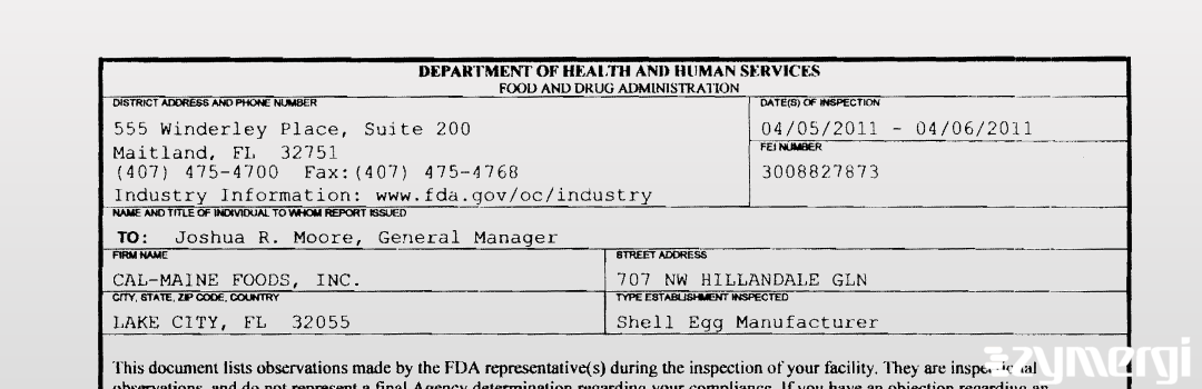 FDANews 483 Cal-Maine Foods, Inc. Apr 6 2011 top