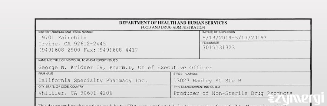 FDANews 483 California Specialty Pharmacy Inc. May 17 2019 top
