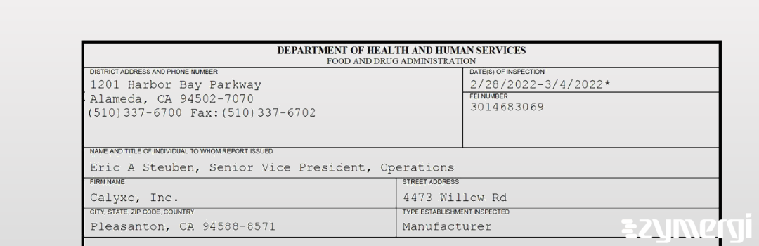 FDANews 483 Calyxo, Inc. Mar 4 2022 top