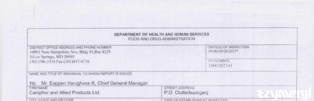 FDANews 483 Camphor And Allied Products Ltd. Sep 8 2017 top