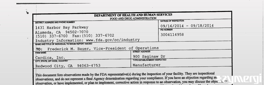 FDANews 483 Cardica, Inc. Sep 18 2014 top