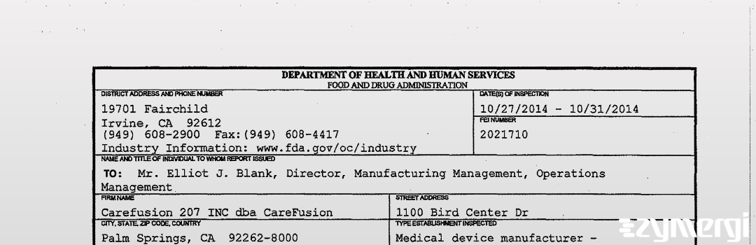 FDANews 483 Carefusion 207 INC dba CareFusion Oct 31 2014 top