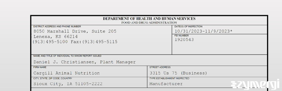 FDANews 483 Cargill Animal Nutrition Nov 9 2023 top