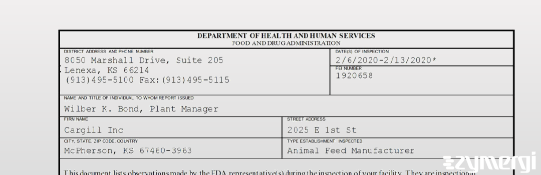 FDANews 483 Cargill, Incorporated Feb 13 2020 top