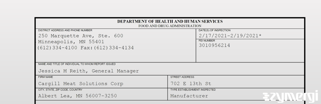 FDANews 483 Cargill Meat Solutions Corp Feb 19 2021 top