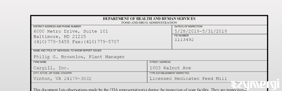 FDANews 483 Cargill, Inc. May 31 2019 top