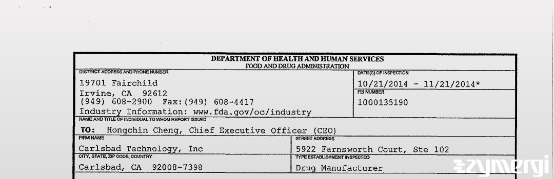 FDANews 483 Carlsbad Technology, Inc Nov 21 2014 top