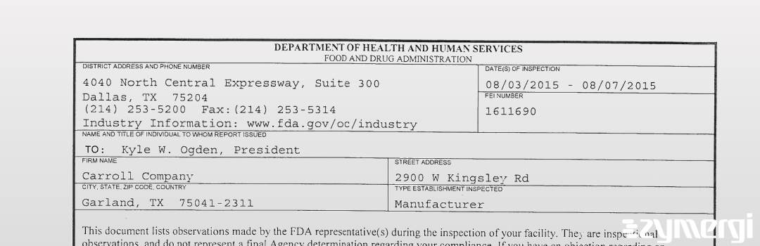 FDANews 483 Carroll Company Aug 7 2015 top