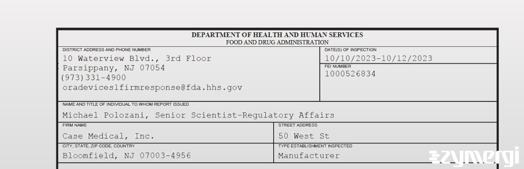 FDANews 483 Case Medical, Inc. Oct 12 2023 top